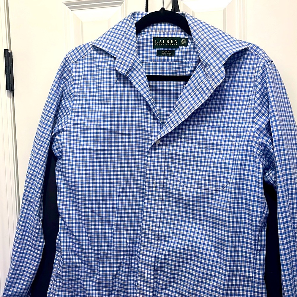 Ralph Lauren slim fit non iron 14.5 x 32/33 blue collar shirt plaid checkered
